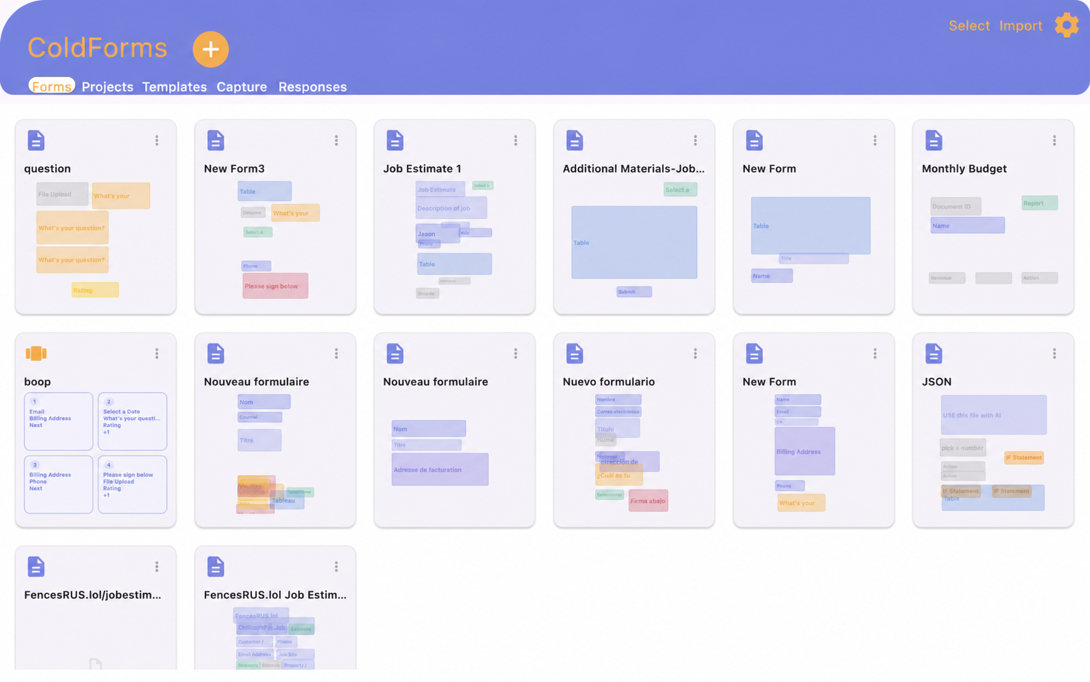 ColdForms forms dashboard showing a library of form templates