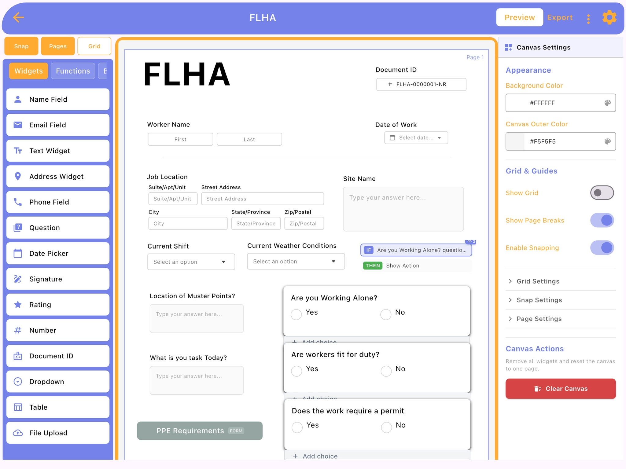ColdForms FLHA form open in the A4 builder on iPad